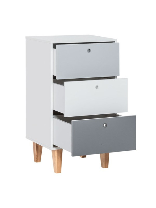 Tall and narrow chest of drawers for the children's bedroom in wood with white, graphite and gray drawers