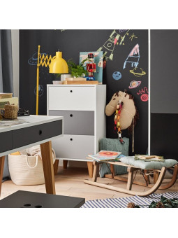 Tall and narrow chest of drawers for the children's bedroom in wood with white, graphite and gray drawers