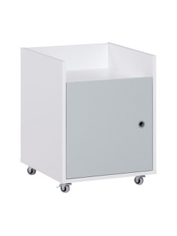 Bedside table for children's room on wheels in white wood and gray with solid oak legs