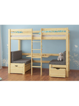 Letto a castello in legno massello di pino per bambini 90x200 cm con spazio scrivania ELEN by Olivia Living