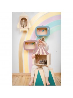 Circus Tent Shelf in Natural Wood and Dusty Pink with fluttering gold flag for Children's Bedroom