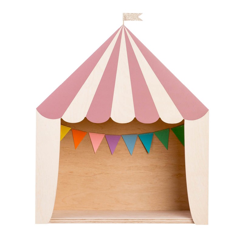 Circus Tent Shelf in Natural Wood and Dusty Pink with fluttering gold flag for Children's Bedroom