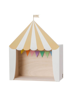 Circus Tent Shelf in Natural Wood and mustard-white with fluttering gold flag for Children's Bedroom