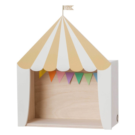 Circus Tent Shelf in Natural Wood and mustard-white with fluttering gold flag for Children's Bedroom
