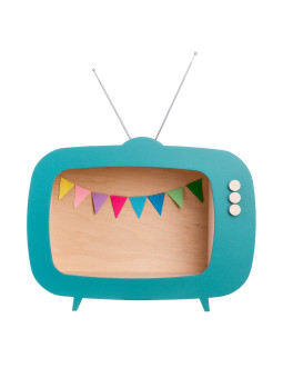 Mensola Ripiano Scaffale a forma di televisione in Legno naturale e verde oceano per Cameretta dei Bambini