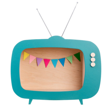 Mensola Ripiano Scaffale a forma di televisione in Legno naturale e verde oceano per Cameretta dei Bambini