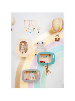 Mensola Ripiano Scaffale a forma di televisione in Legno naturale e verde oceano per Cameretta dei Bambini