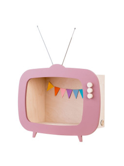 Mensola Ripiano Scaffale a forma di televisione in Legno naturale e rosa cipria per Cameretta dei Bambini