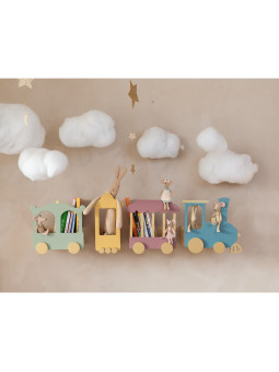 Shelf in the shape of a Train Locomotive in dusty pink wood composed of 4 elements - For the Kids Bedroom