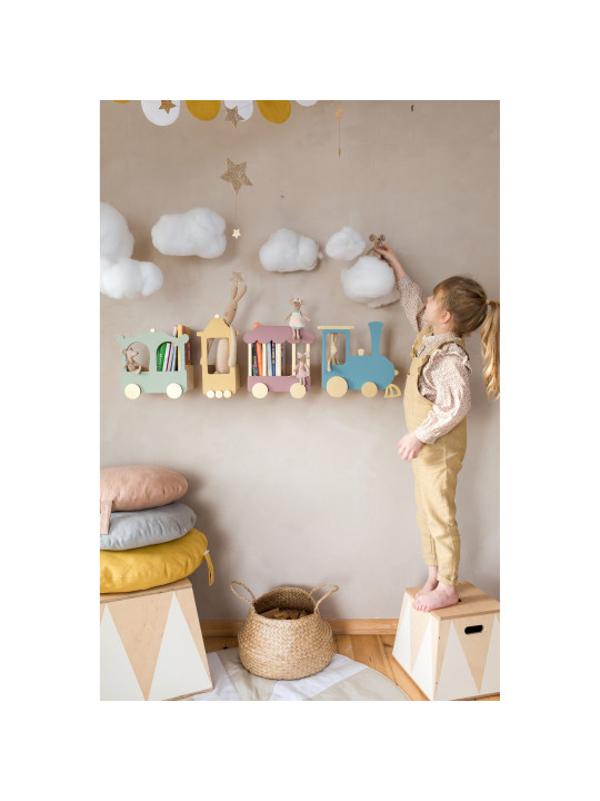 Shelf in the shape of a Train Locomotive in dusty pink wood composed of 4 elements - For the Kids Bedroom