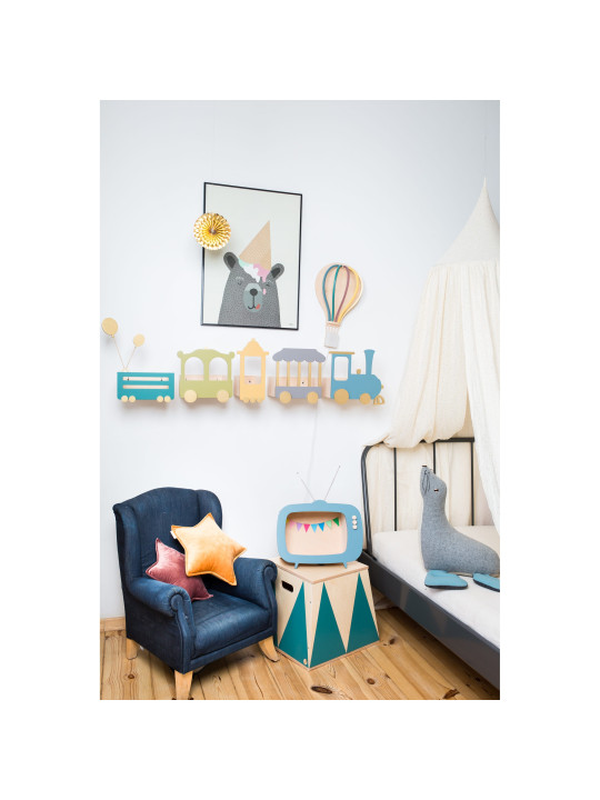 Basket Crate Box in Birch Wood Toy Box Holder for Children's Bedrooms - Trapezoidal pedestal in colored Circus style