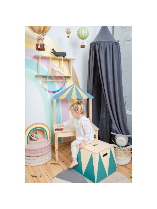 Basket Crate Box in Birch Wood Toy Box Holder for Children's Bedrooms - Trapezoidal pedestal in colored Circus style