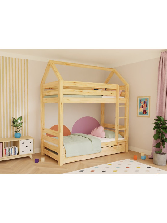 Letto a castello a forma di casetta per camerette bambini in legno massello 90x200 cm ALPY by Benlemi