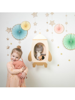 Wooden Rocket Shelf Toy for Kids Children in natural wood/gold/white - For the Kids Bedroom