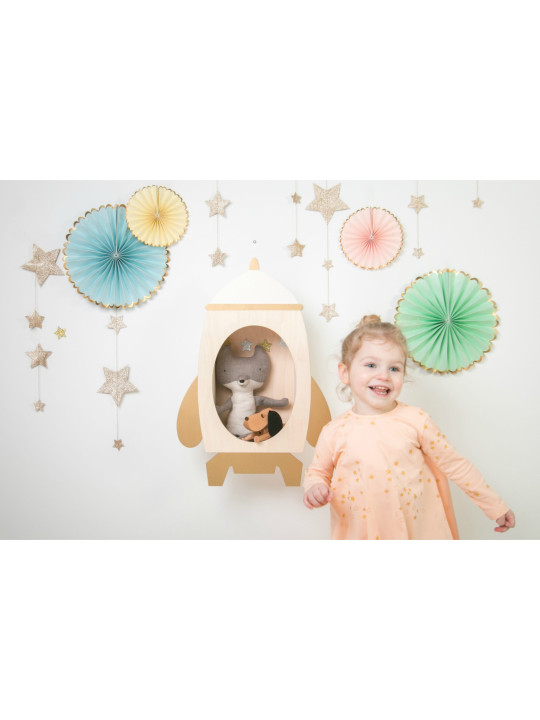 Wooden Rocket Shelf Toy for Kids Children in natural wood/gold/white - For the Kids Bedroom