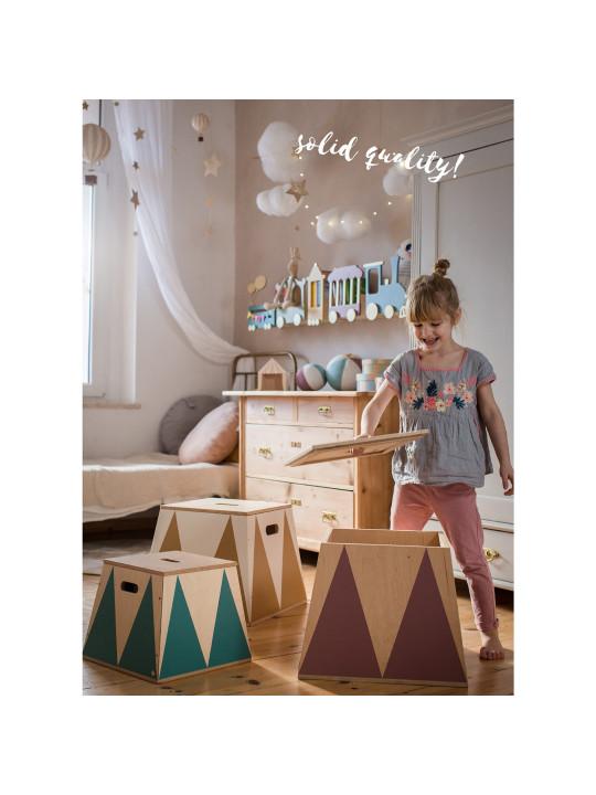 Basket Crate Box in Birch Wood Toy Box Holder for Children's Bedrooms - Trapezoidal pedestal in colored Circus style