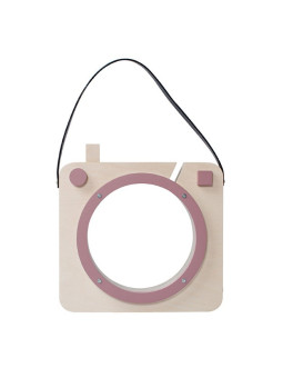 Salvadanaio Portamonete in legno a forma di macchina fotografica - legno naturale e rosa - Decorazione in Legno da parete
