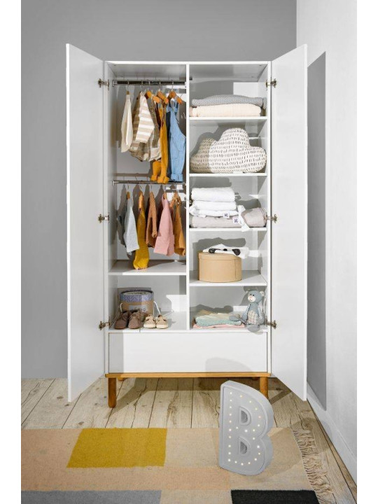 White wooden 2-doors wardrobe for children's bedroom Toteme Botanic with plant decorations by BellAmy