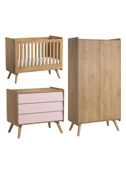 Cameretta completa 3 Pezzi con Culla 60x120 serie Vintage naturale / rosa - VOX