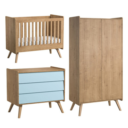 Cameretta completa 3 Pezzi con Culla 60x120 serie Vintage naturale / azzurro - VOX