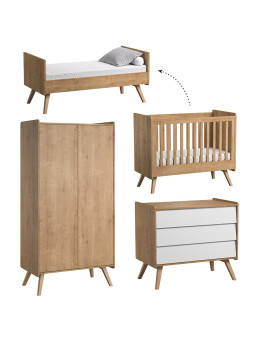 Cameretta completa 3 Pezzi con Culla 70x140 serie Vintage naturale / bianco - VOX