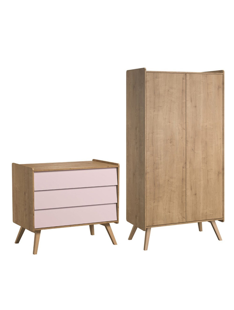 Vintage Wardrobe and natural / pink Chest of Drawers Set - VOX