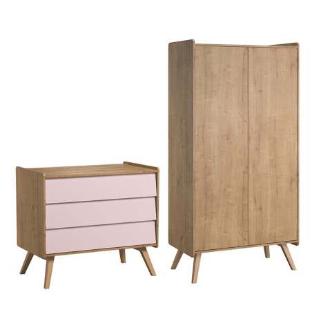 Vintage Wardrobe and natural / pink Chest of Drawers Set - VOX