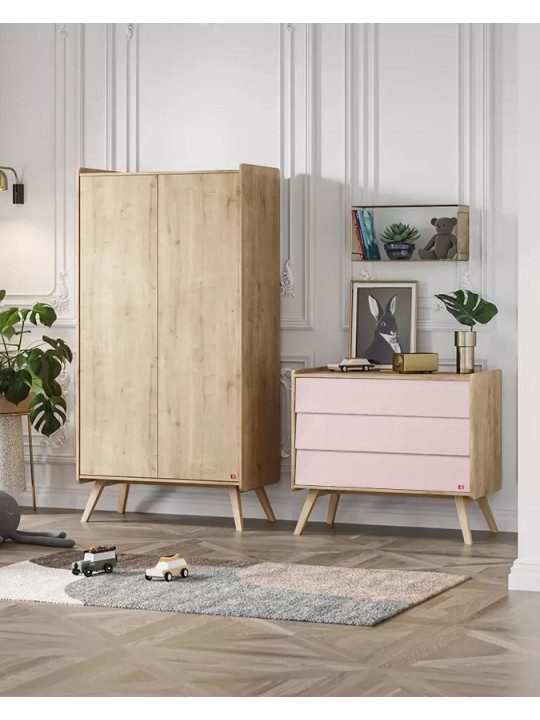 Vintage Wardrobe and natural / pink Chest of Drawers Set - VOX