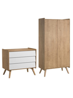 Vintage Wardrobe and natural / white Chest of Drawers Set - VOX