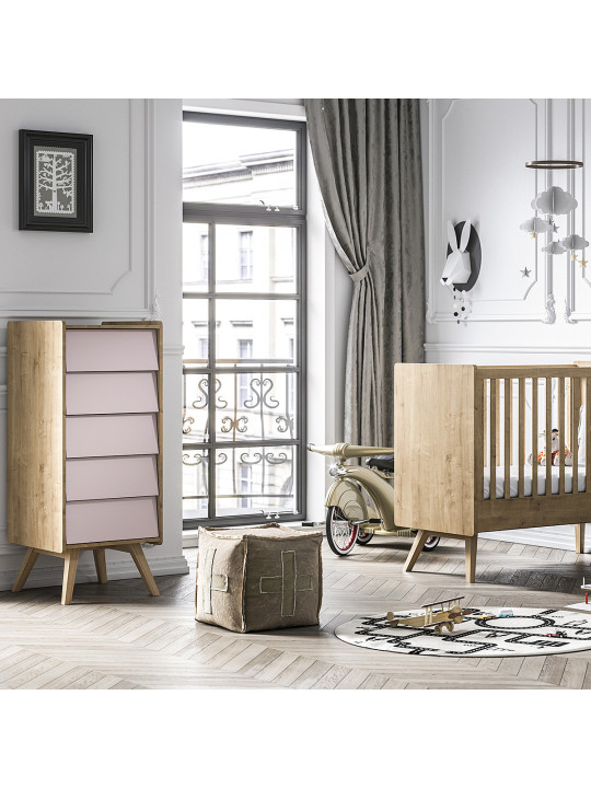 Set Culla 60x120 e Cassettiera alta naturale / rosa serie Vintage - VOX