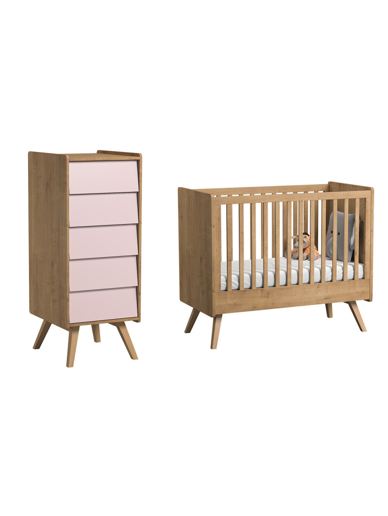 Set Culla 60x120 e Cassettiera alta naturale / rosa serie Vintage - VOX