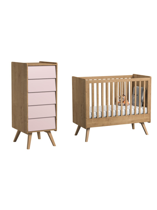 Set Culla 60x120 e Cassettiera alta naturale / rosa serie Vintage - VOX