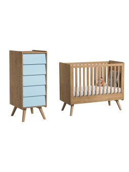 Set Culla 60x120 e Cassettiera alta naturale / azzurro serie Vintage - VOX