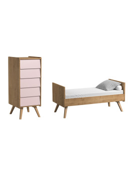 Vintage Cot Bed 70x140 and Tall Chest of Drawers natural / pink Set - VOX