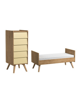 Vintage Cot Bed 70x140 and Tall Chest of Drawers natural / yellow Set - VOX