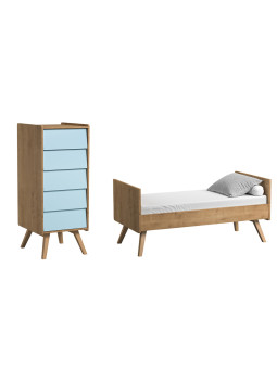 Set Culla / Lettino 70x140 e Cassettiera alta naturale / azzurro serie Vintage - VOX