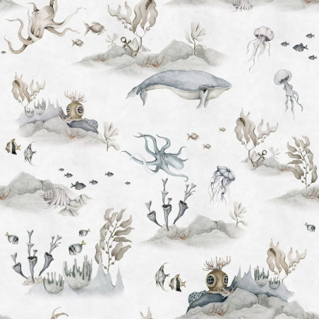 Carta da Parati Tappezzeria per Cameretta dei Bambini Underwater World White by Dekornik