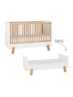 Baby crib convertible to bed in white wood with polka dot fabric insert