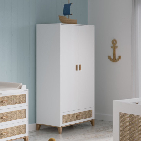 Children's Wardrobe Nami in White Wood and Rattan - Théo Bébé