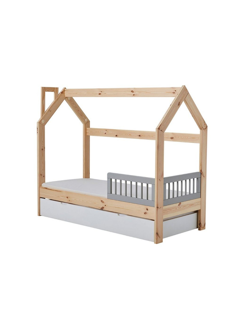 Lettino a forma di casetta per la cameretta dei bambini 70x140 cm in legno massello FSC di pino naturale