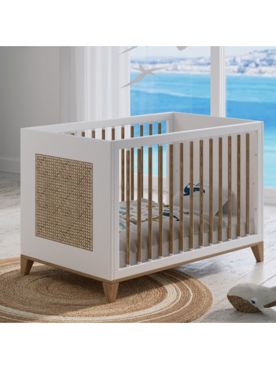 Nami Evolutive Bed 60x120 in White Wood & Natural Rattan  - Théo Bébé