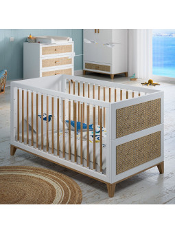Nami Evolutive Cot Bed 70x140 in White Wood & Rattan - Théo Bébé