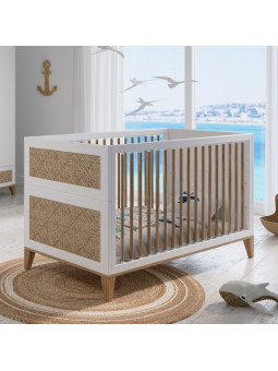 Nami Evolutive Cot Bed 70x140 in White Wood & Rattan - Théo Bébé