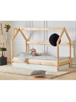 Lettino a forma di casetta per la cameretta dei bambini 70x140 cm in legno massello FSC di pino naturale