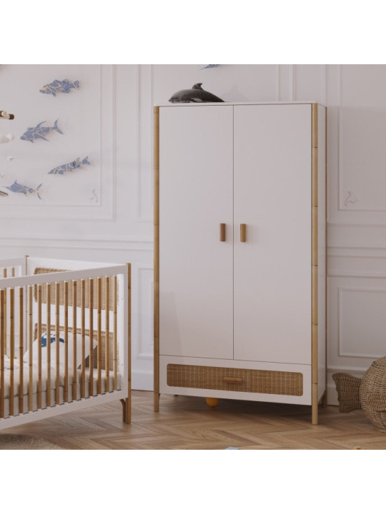 Wardrobe Océania in White Wood and Rattan - Théo Bébé