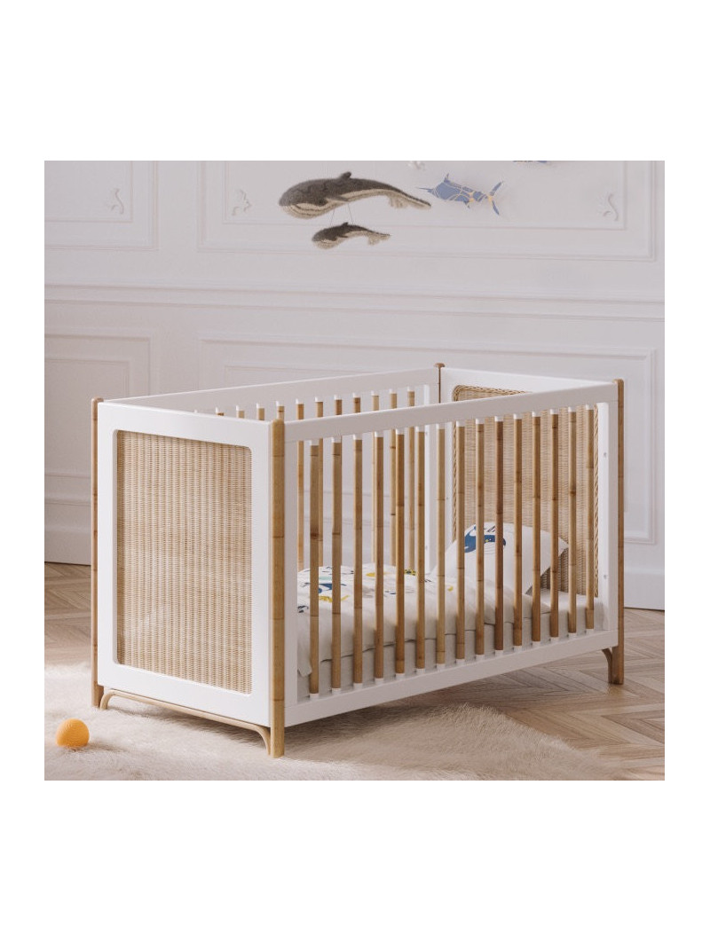 Océania Evolutive Bed 60x120 in White Wood & Natural Rattan  - Théo Bébé