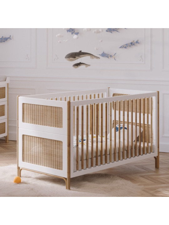 Océania Evolutive Cot Bed 70x140 in White Wood & Rattan - Théo Bébé