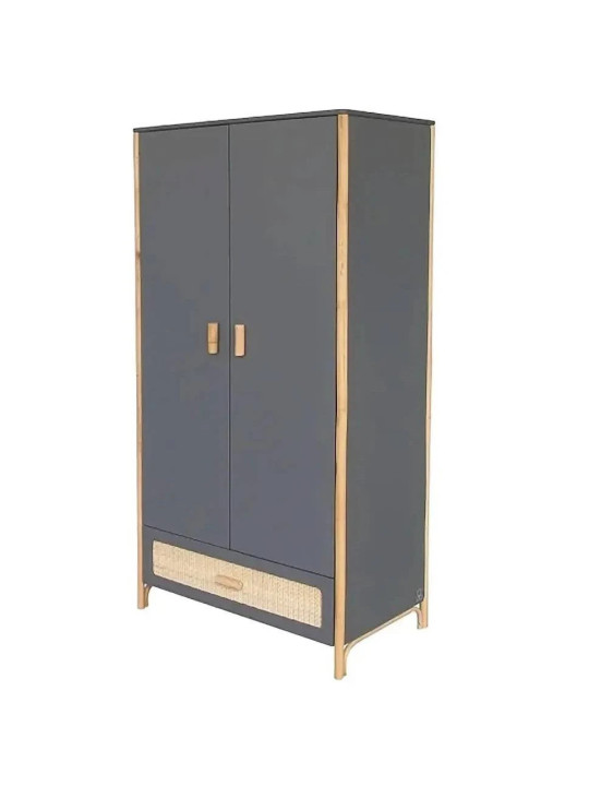 Wardrobe Océania in Grey Wood and Rattan - Théo Bébé
