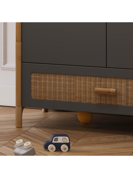Wardrobe Océania in Grey Wood and Rattan - Théo Bébé