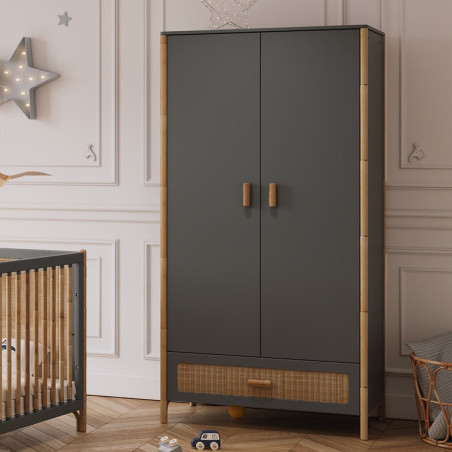 Wardrobe Océania in Grey Wood and Rattan - Théo Bébé